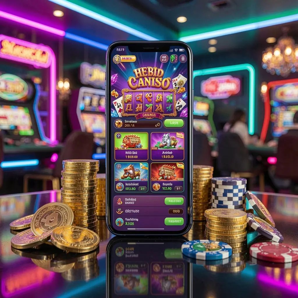 PHAAA GAMES mobile casino dashboard on smartphone displaying colorful gaming interface with golden coins and poker chips on glossy table under elegant neon lighting