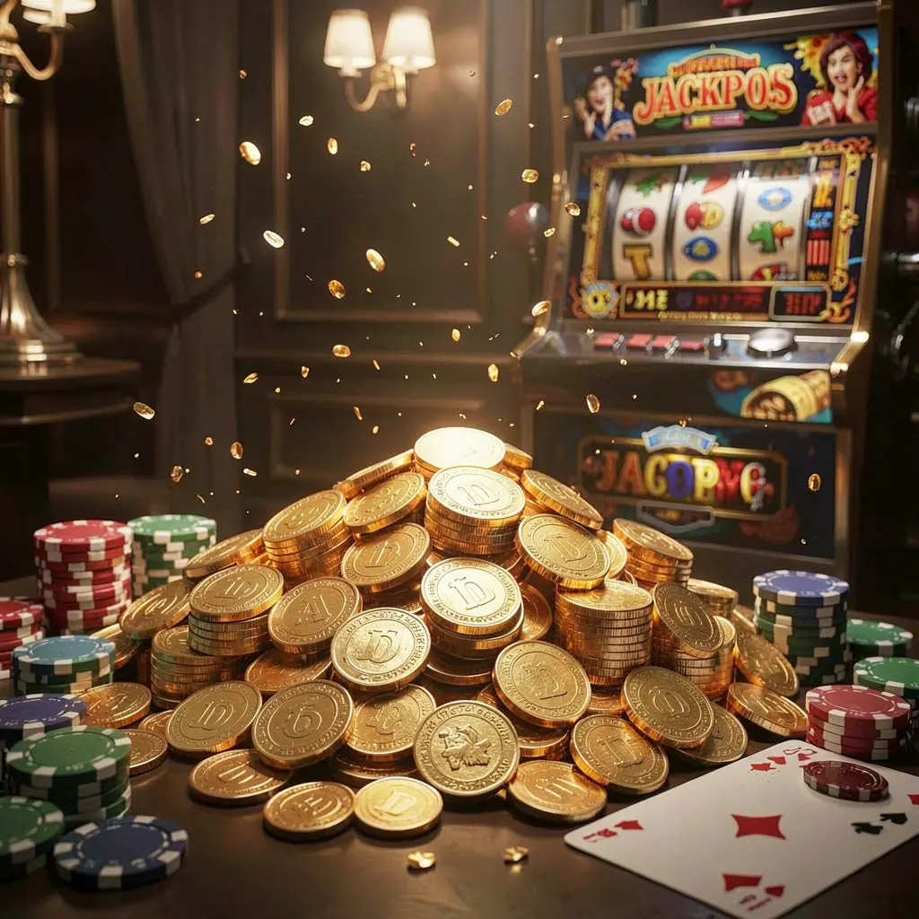 Jackpot bonus scene by PHAAA GAMES featuring a huge pile of golden coins, a slot machine in the background, poker chips, and playing cards under cinematic luxury lighting