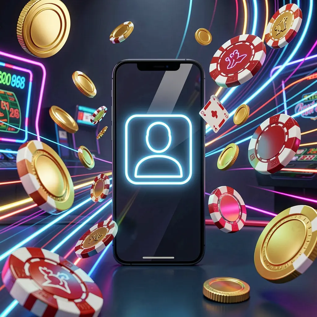 Fast casino login banner by PHAAA GAMES featuring a smartphone with a bright user icon, speed light trails, and golden coins and chips flying around in a modern neon casino style