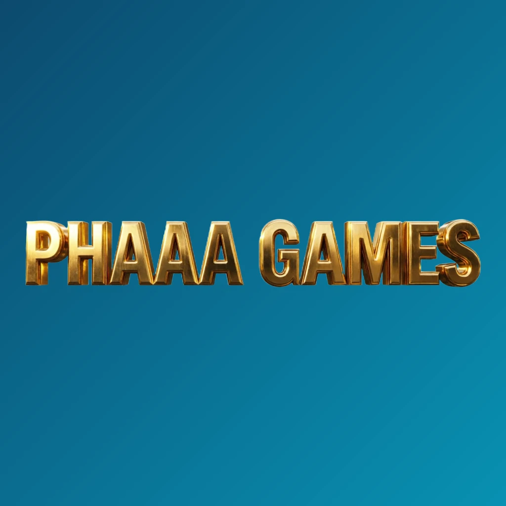 3D metallic logo of PHAAA GAMES with glossy gold letters and dramatic lighting, showcasing a premium casino branding style on a transparent background in a wide horizontal rectangular wordmark format for a website header