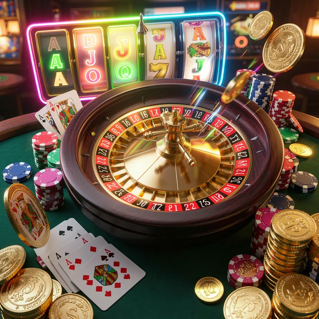PHAAA GAMES casino homepage visual featuring a realistic 3D roulette wheel, poker chips, playing cards, golden coins, and jackpot lights with bright neon glow in a dynamic composition